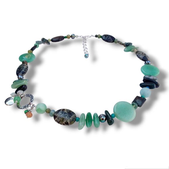 Multi Gemstone Necklace Green Aventurine Agate Pearl 18.5in Custom OOAK - Picture 3 of 11